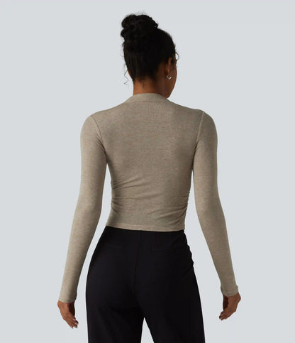 Mock-neck Long Sleeve Ruched Wool-Blend Work Top