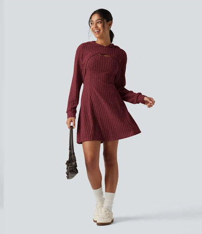 Ribbed Knit Hooded Long Sleeve 2-Piece Mini Casual Dress