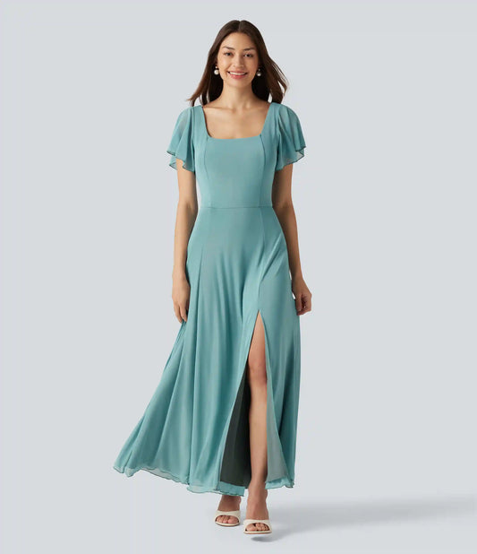 Square Neck Short Sleeve Built-in Bra Tie Back Flowy Maxi Dress