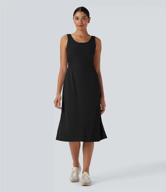 U Neck Zipper Split Knee Length Hiking Active Dress