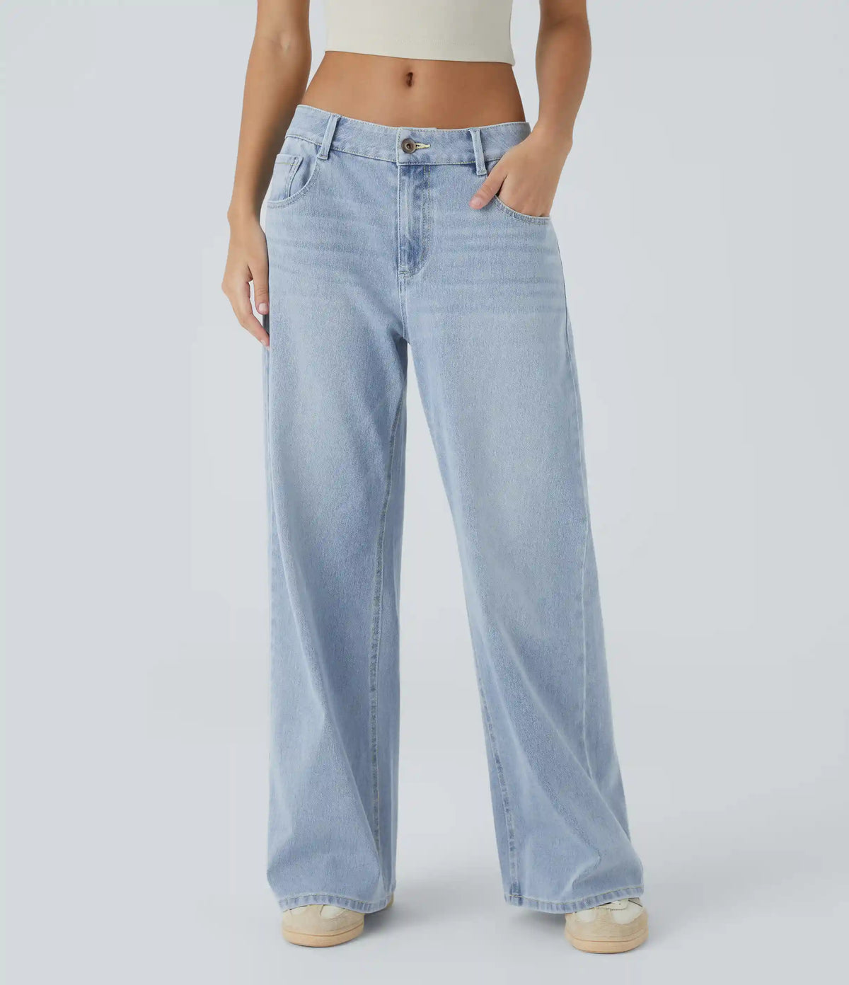 Halara Flex™ Low Rise Zipper Pockets Washed Baggy Wide Leg Casual Jeans