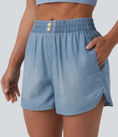 Mid Rise Draped Denim Casual Shorts 3.5'' with Pockets