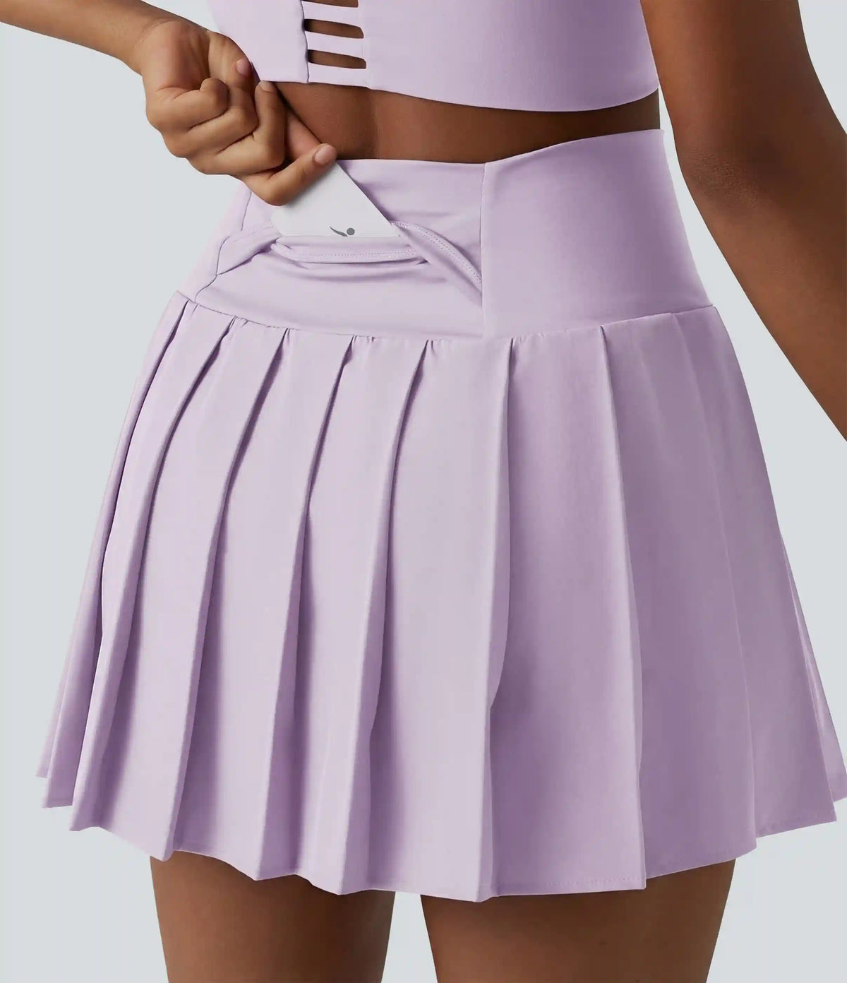 Breezeful™ High Waisted Pleated 2-in-1 Asymmetric Hem Quick Dry Mini Dance Skirt with Pockets-Longer Length