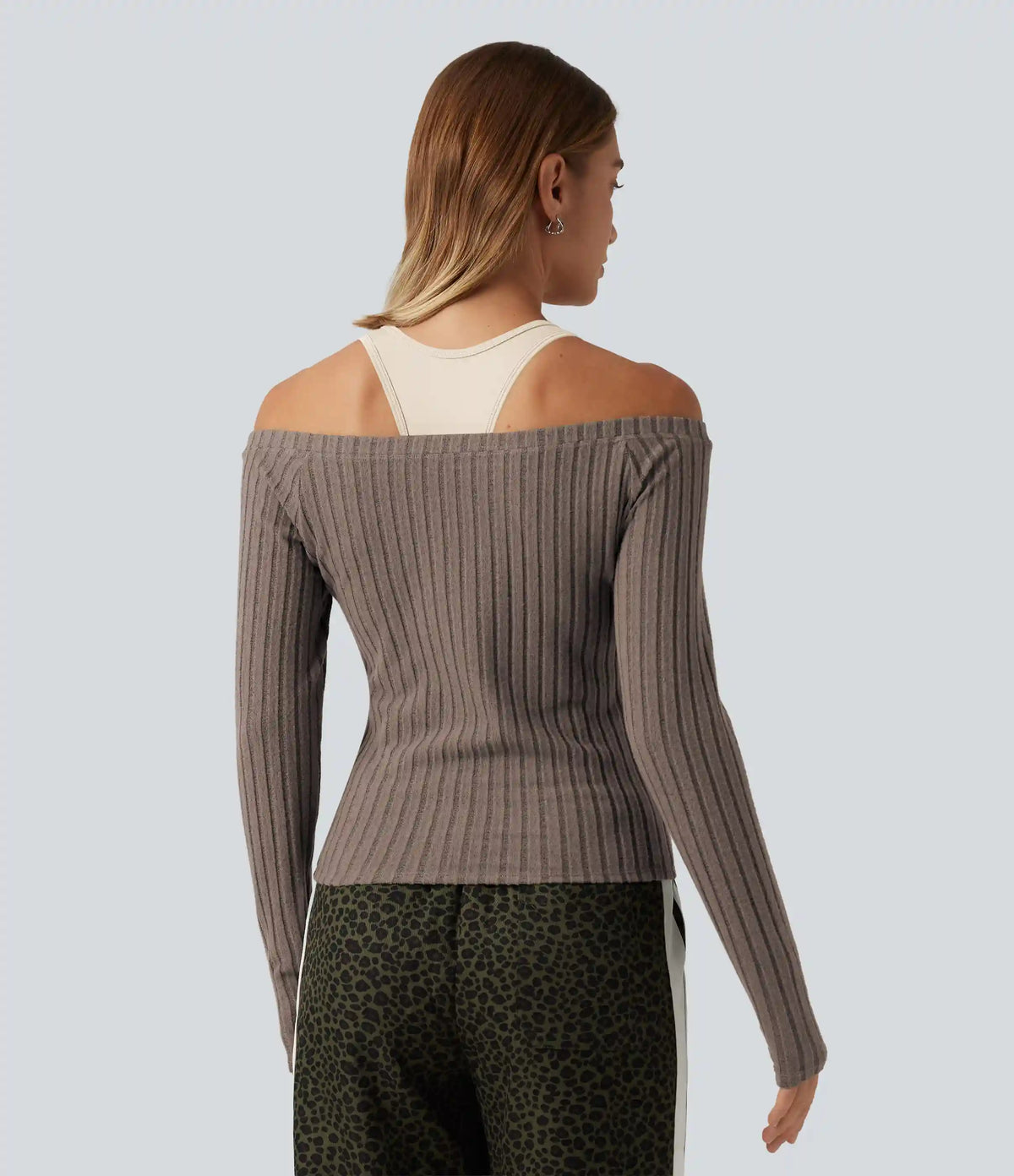 2-Piece Set Off-Shoulder Ribbed Long Sleeve Lounge Top with Built-in Bra