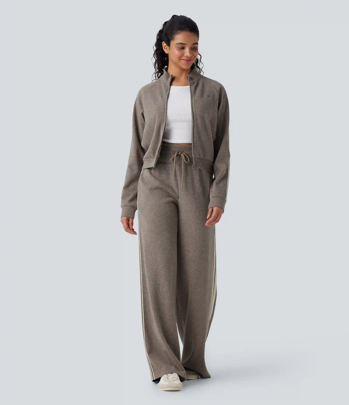 Ribbed High Waisted Tummy Control Drawstring Side Stripe Baggy Casual Pants with Pockets