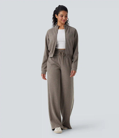 Ribbed High Waisted Tummy Control Drawstring Side Stripe Baggy Casual Pants with Pockets
