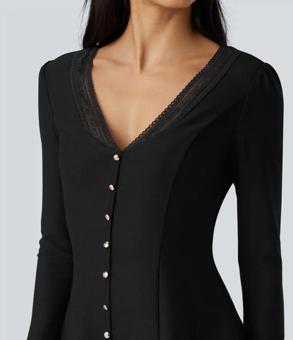 V Neck Contrast Lace Long Sleeve Ruffle Hem Work Blouse