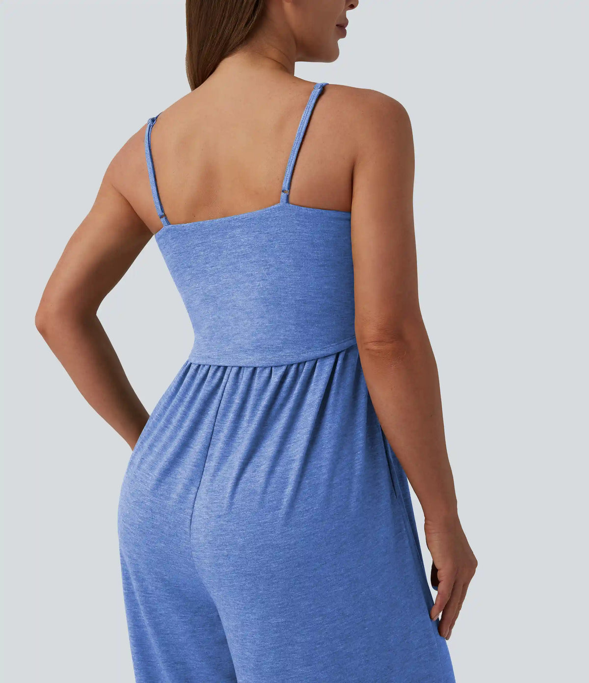 Adjustable Straps Ruched Wide Leg Heathered Casual Jumpsuit with Pockets-Easy Peezy