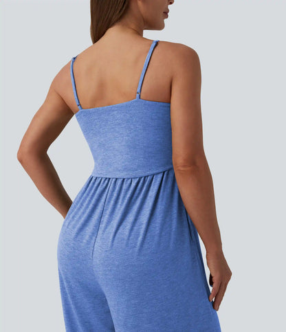 Adjustable Straps Ruched Wide Leg Heathered Casual Jumpsuit with Pockets-Easy Peezy