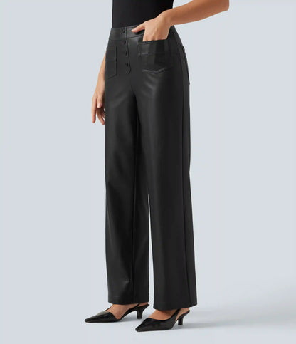 High Waisted Stretchy PU Fleece Straight Leg Casual Leather Pants with Pockets