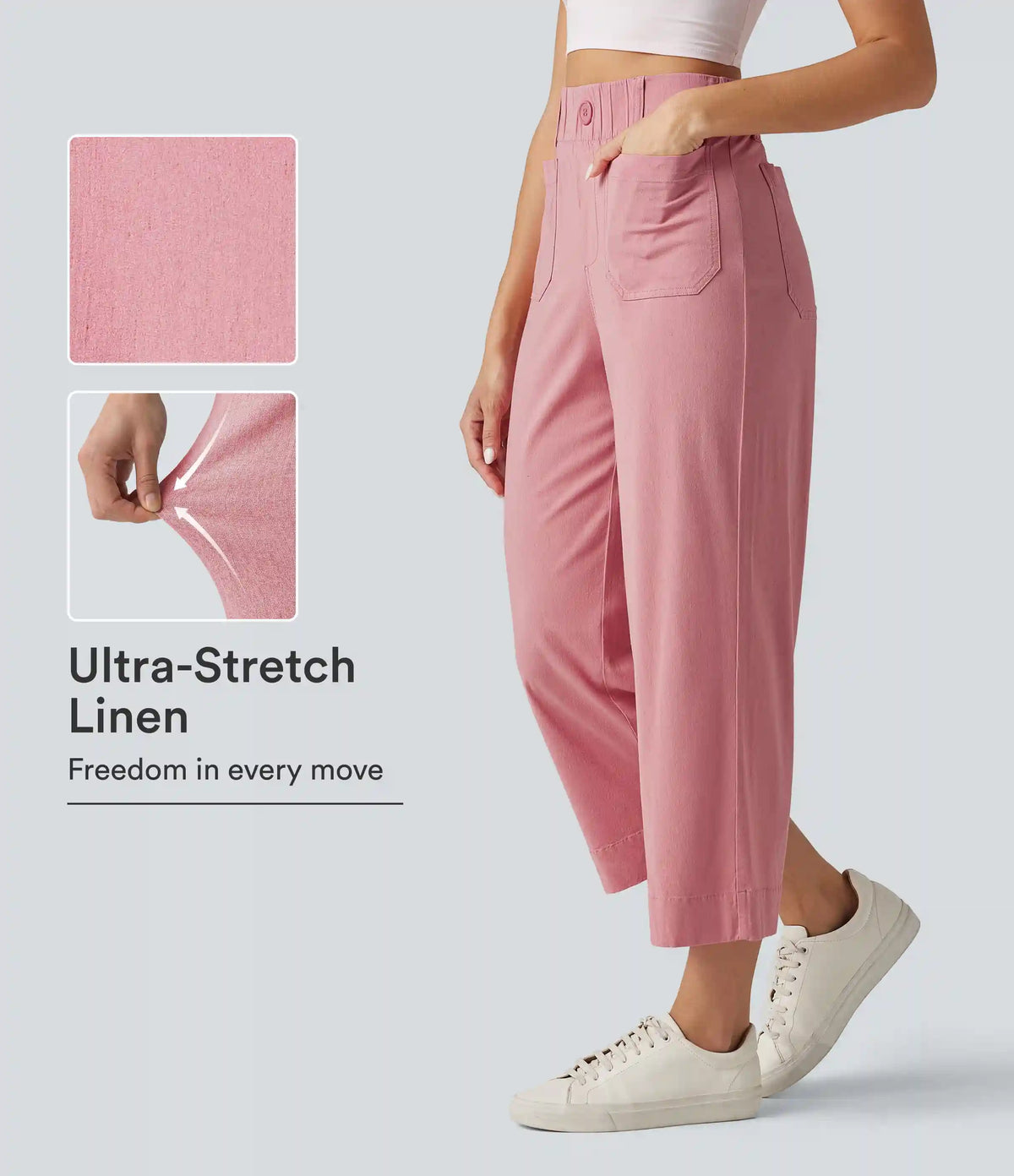 High Waisted Wide Leg Cropped Casual Stretch Linen Pants with Pockets