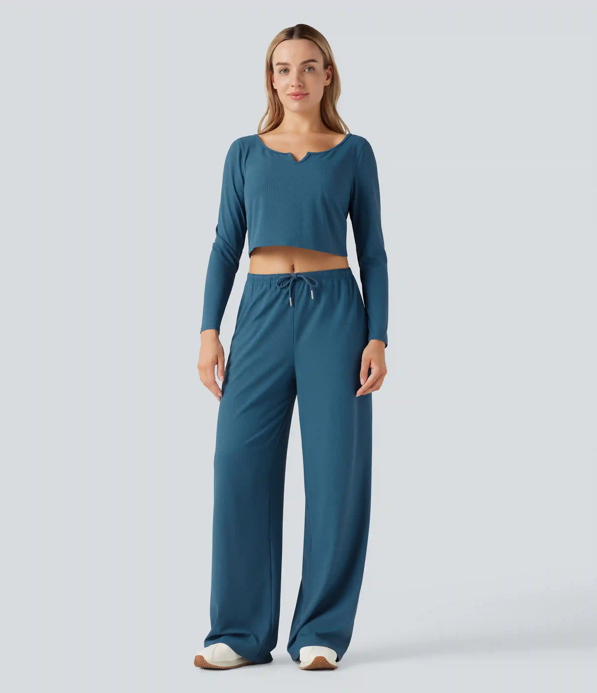 Mid Rise Drawstring Straight Leg Waffle Knit Yoga Pants with Pockets