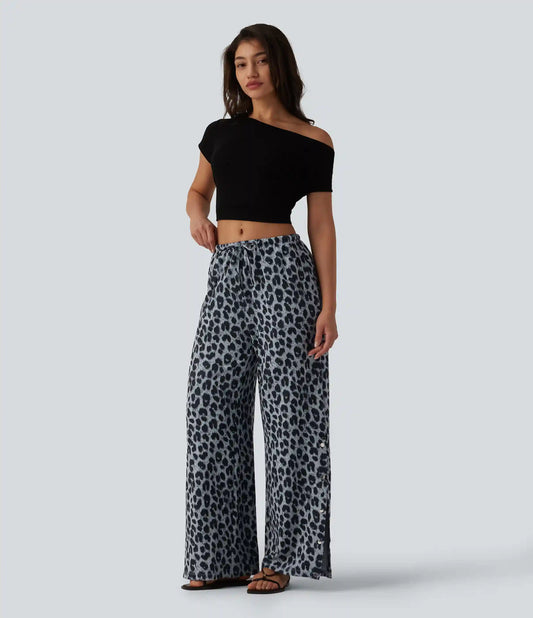 Mid Rise Drawstring Wide Leg Leopard Print Waffle Casual Pants with Pockets
