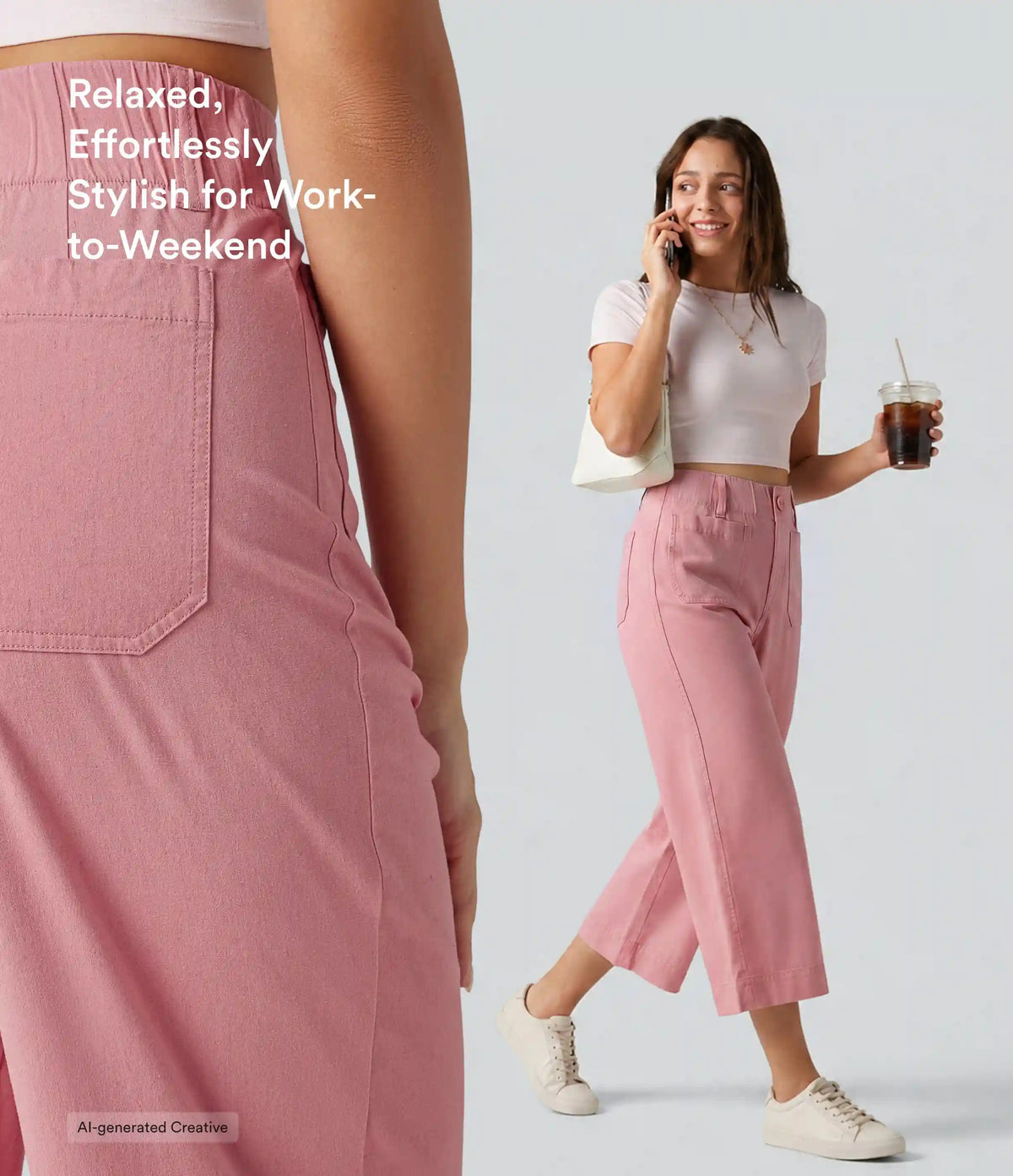 High Waisted Wide Leg Cropped Casual Stretch Linen Pants with Pockets