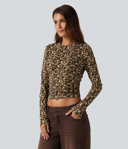 Round Neck Leopard Print Long Sleeve Ruched Casual Top