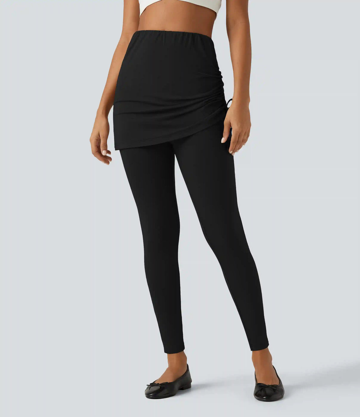 High Waisted Tie Side Ruched Casual Skirted Leggings with Pocket