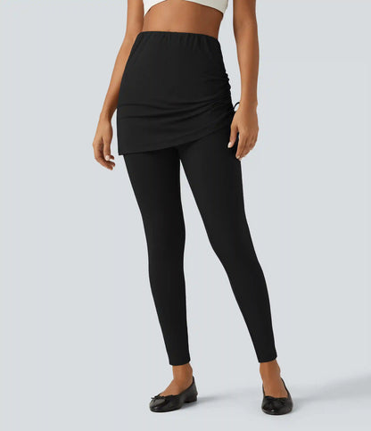 High Waisted Tie Side Ruched Casual Skirted Leggings with Pocket