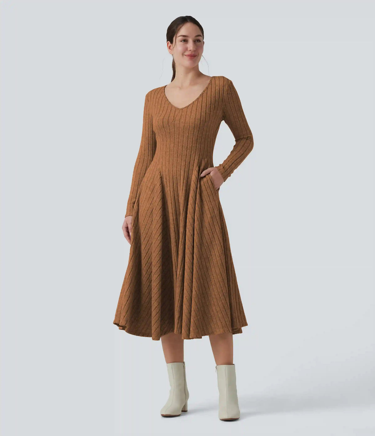 Ribbed Knit V Neck Long Sleeve Flare Midi Casual Dress with Pockets