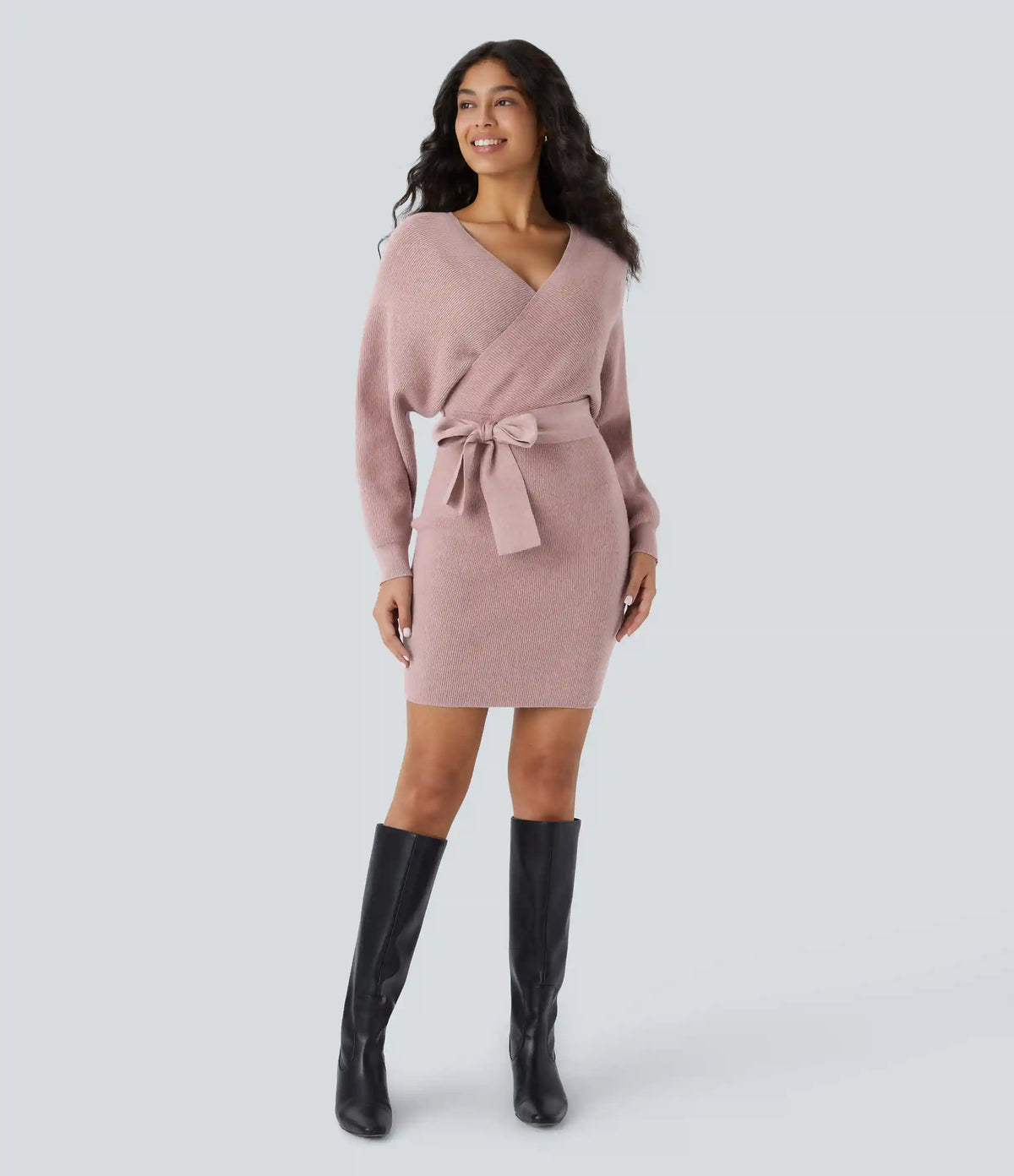 Crossover V Neck Batwing Long Sleeve Belted Mini Casual Sweater Dress
