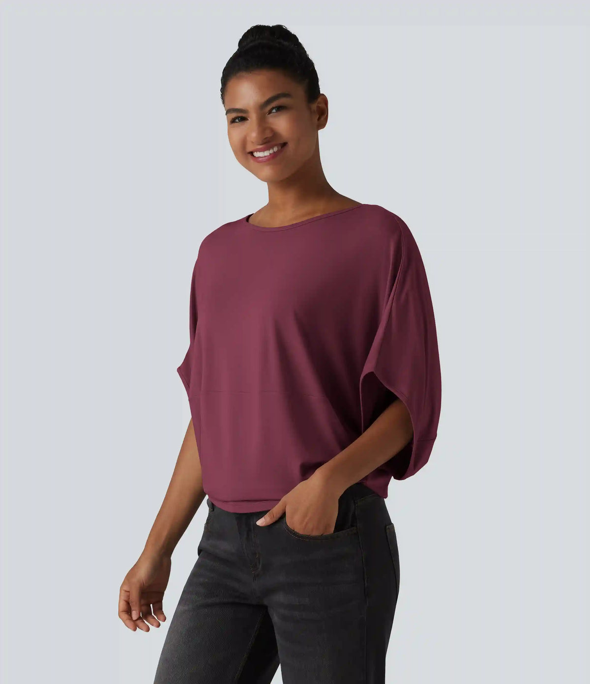 Round Neck Batwing Sleeve Relaxed Casual Top