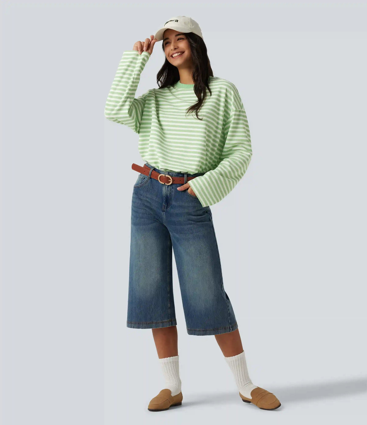Round Neck Long Sleeve Stripe Waffle Casual Top