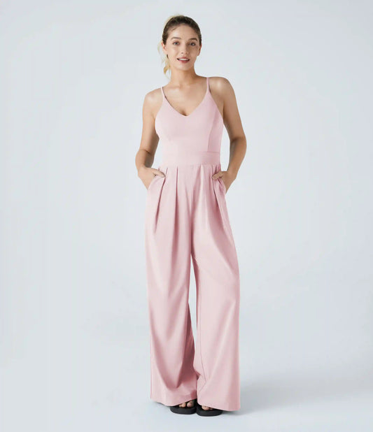 V-Neck Backless Invisible Zipper 2-in-1 Casual Slip Baggy Jumpsuit with Pockets