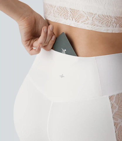 SoftlyZero™ High Waisted Crossover Contrast Lace Capri Yoga Leggings