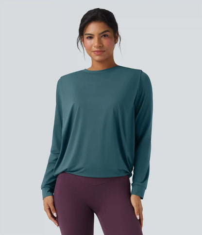 Round Neck Long Sleeve Ruched Yoga Sports Top-UPF50+