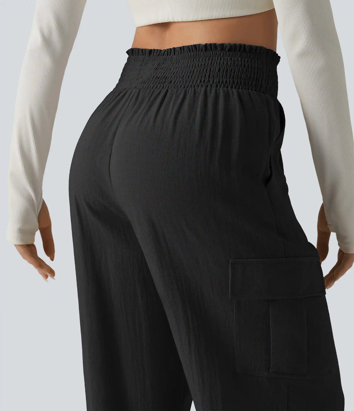 High Waisted Shirred Linen-Feel Casual Cargo Joggers with Pockets