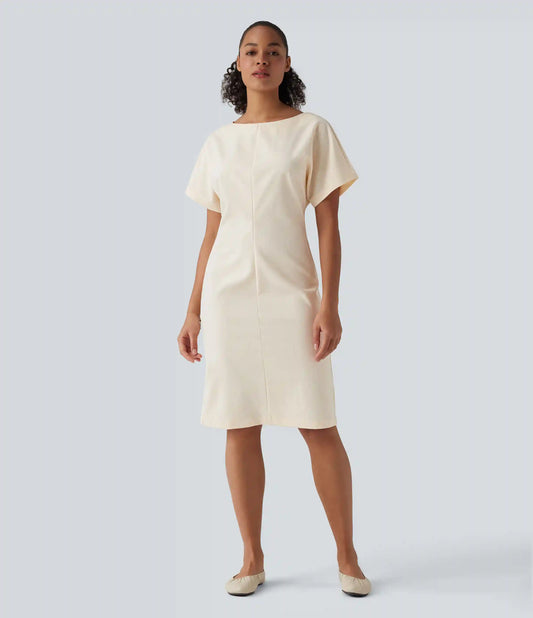 Boat Neck Short Sleeve Midi Work Linen-Blend Dress