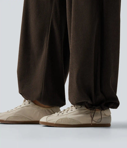 High Waisted Straight Leg Gathered Hem Corduroy Cargo Casual Pants with Pockets