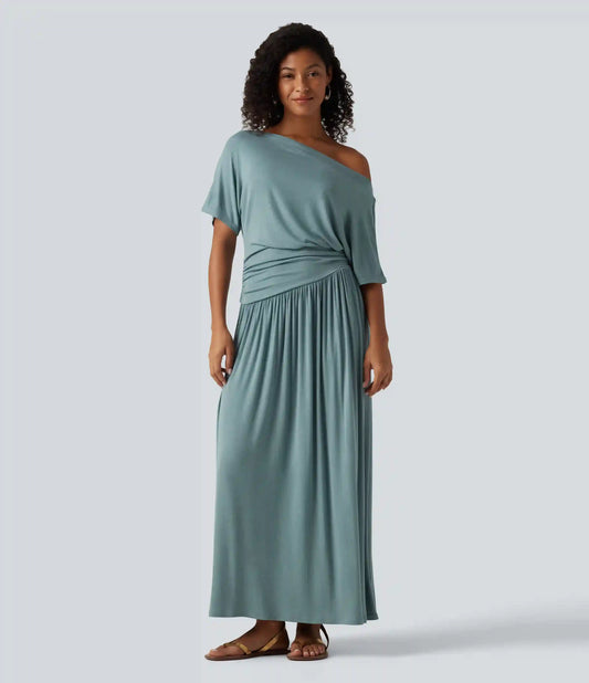 Ribbed One Shoulder Short Sleeve Ruched Maxi Casual Dress
