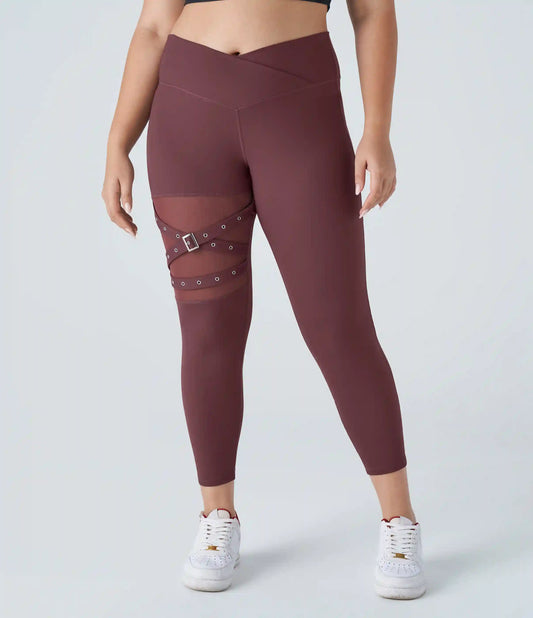 DayStretch High Waisted Crossover Contrast Mesh Decorative Buckle Yoga Plus Size Leggings