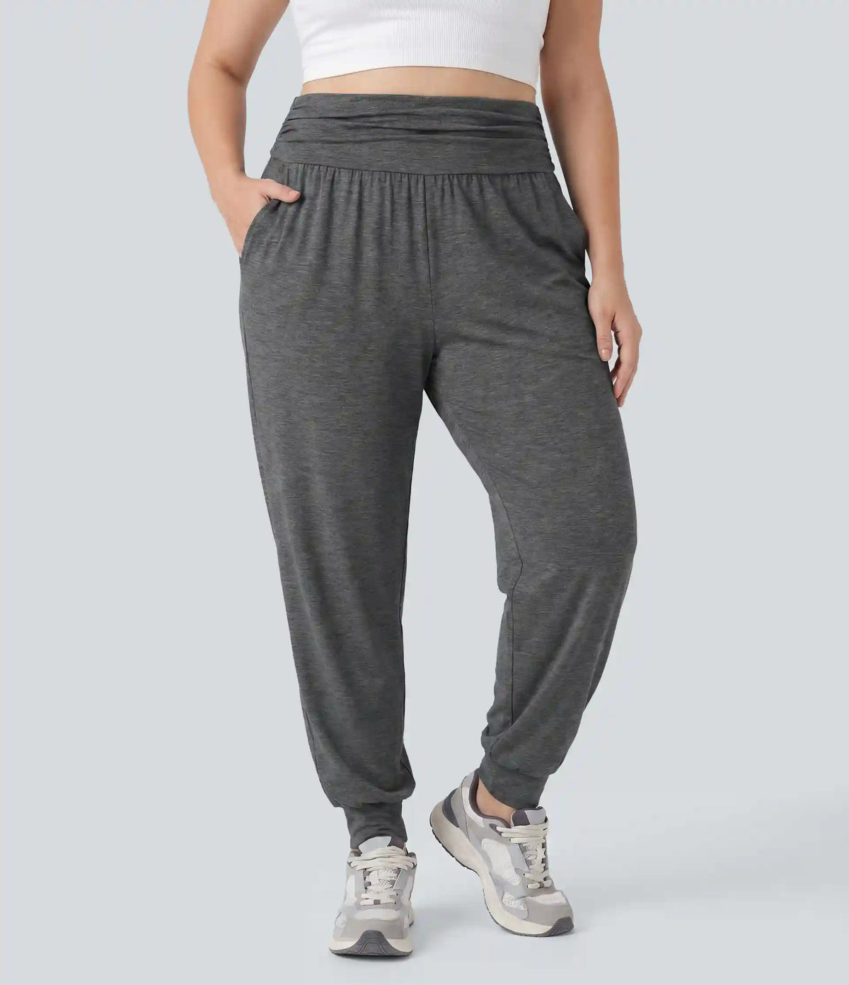 Plus Size High Waisted Ruched Heathered Yoga Joggers with Pockets