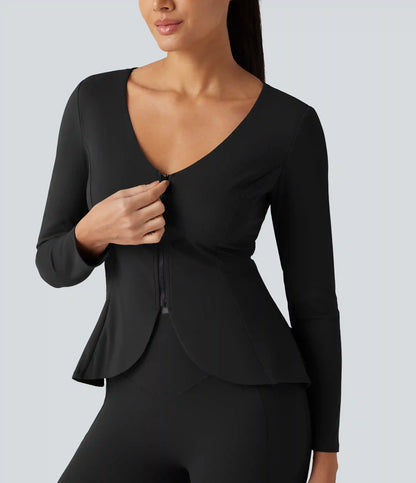 SoftlyZero™ Plush V Neck Long Sleeve Slim Ruffle Hem Yoga Jacket with Pockets