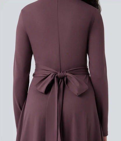 Cut Out Long Sleeve Tie Back Midi Work Dress with Pockets