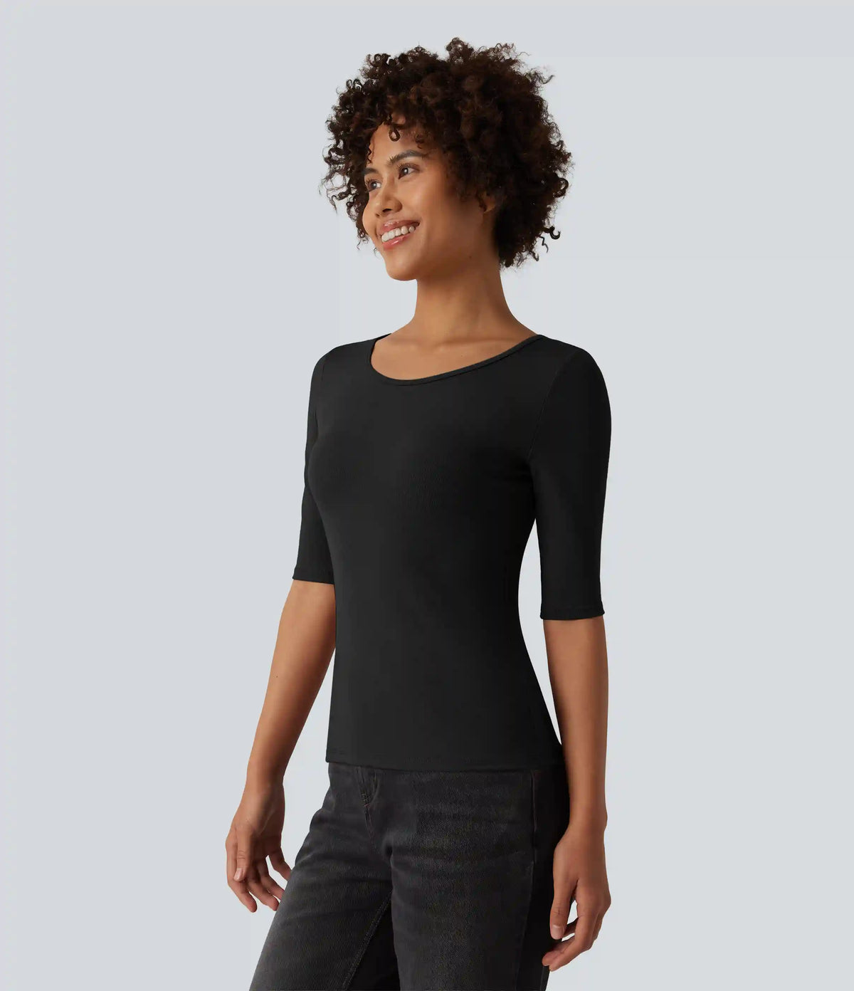 Ribbed Knit Scoop Neck Half Sleeve Casual T-Shirt