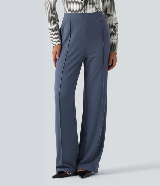 High Waisted Straight Leg Pintuck Waffle Work Pants with Pockets