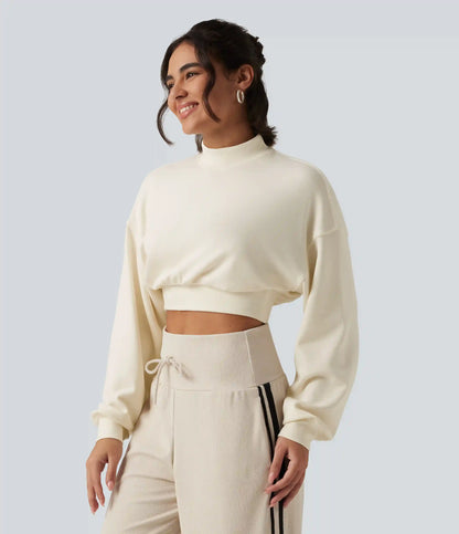 Mock Neck Dropped Long Sleeve Casual Cropped Sweatshirt