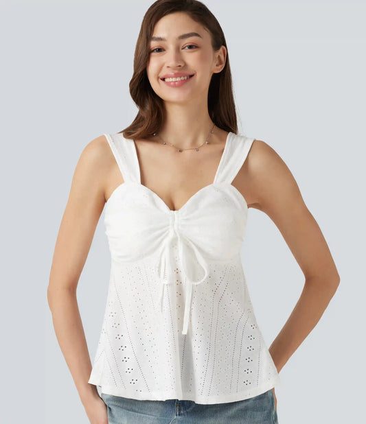 Ruched Drawstring Built-in Bra Eyelet Casual Tank Top