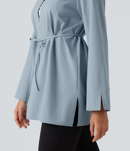 Color Block Belted Long Sleeve Work Shirt