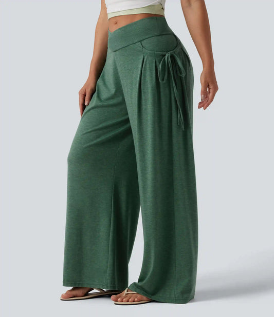 High Waisted Crossover Lace Up Wide Leg Baggy Heathered Casual Pants with Pockets