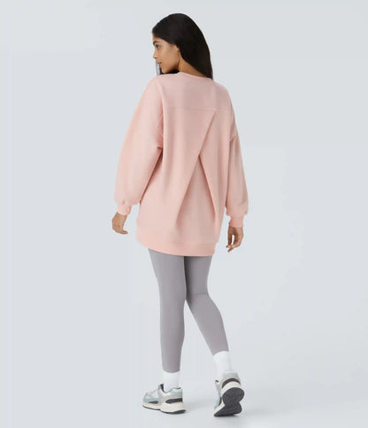 Round Neck Long Sleeve Pocket Oversize Fleece Casual Sweatshirt