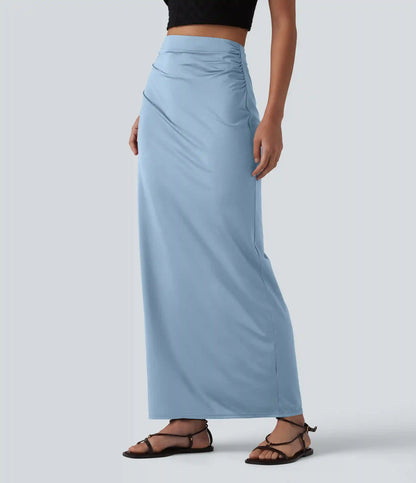 High Waisted Ruched Stretchy Satin-Like InstantCool Maxi Casual Pencil Skirt
