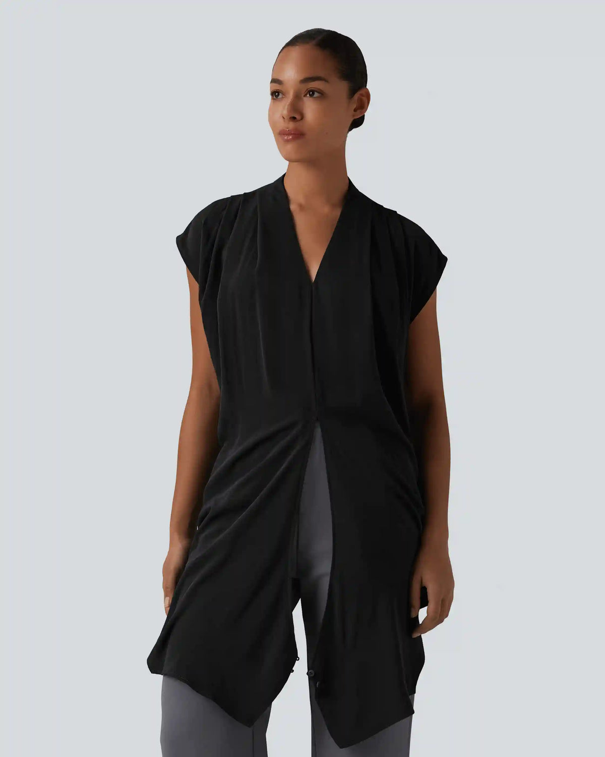 V Neck Wrapped Sleeveless Linen-Feel Work Blouse