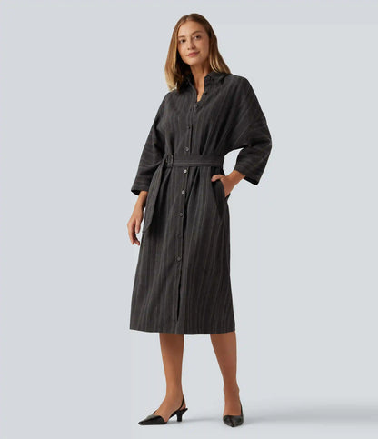 V Neck Long Sleeve Belted Stripe Midi Casual Linen-Feel Shirt Dress with Pockets