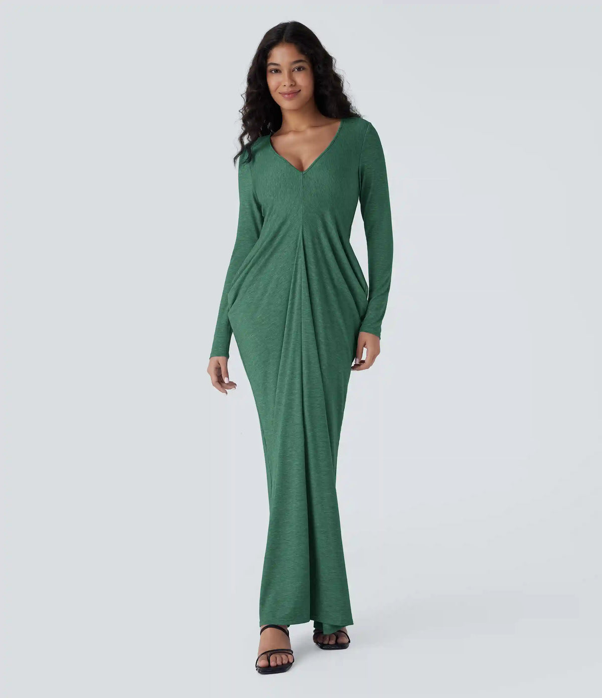 Deep V Neck Long Sleeve Stacked Ruched Maxi Casual Dress