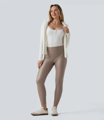 High Waisted Tummy Control Stretchy PU Fleece 7/8 Skinny Casual Leggings with Pockets