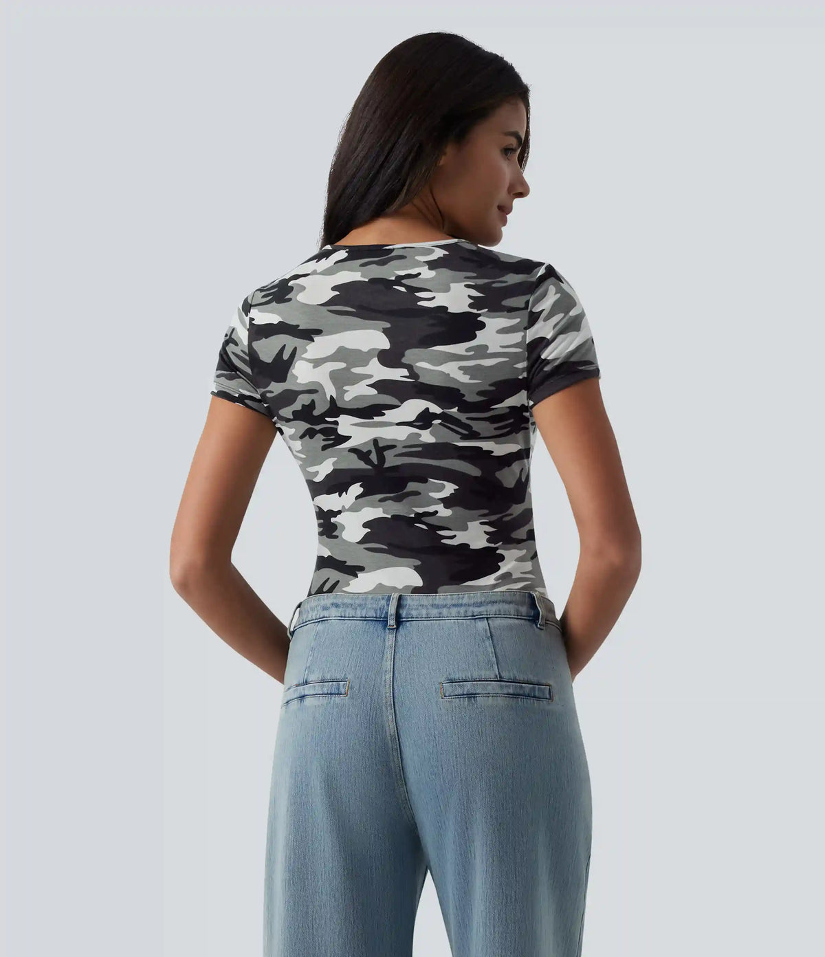 Round Neck Short Sleeve Cut Out Camo Casual T-Shirt