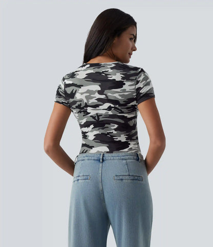 Round Neck Short Sleeve Cut Out Camo Casual T-Shirt